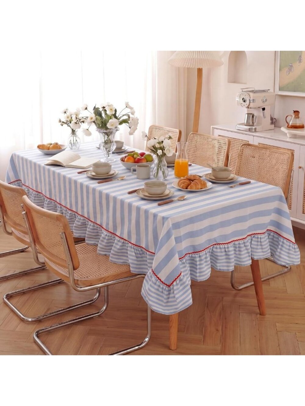 Blue & White Striped Ruffle Tablecloth - Rectangle 120x60 Inch, Perfect for